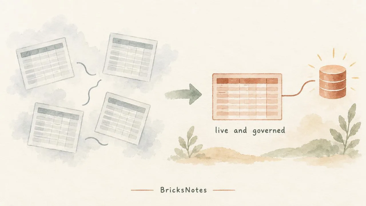 Faded disconnected spreadsheets on the left converging into one live connected spreadsheet on the right