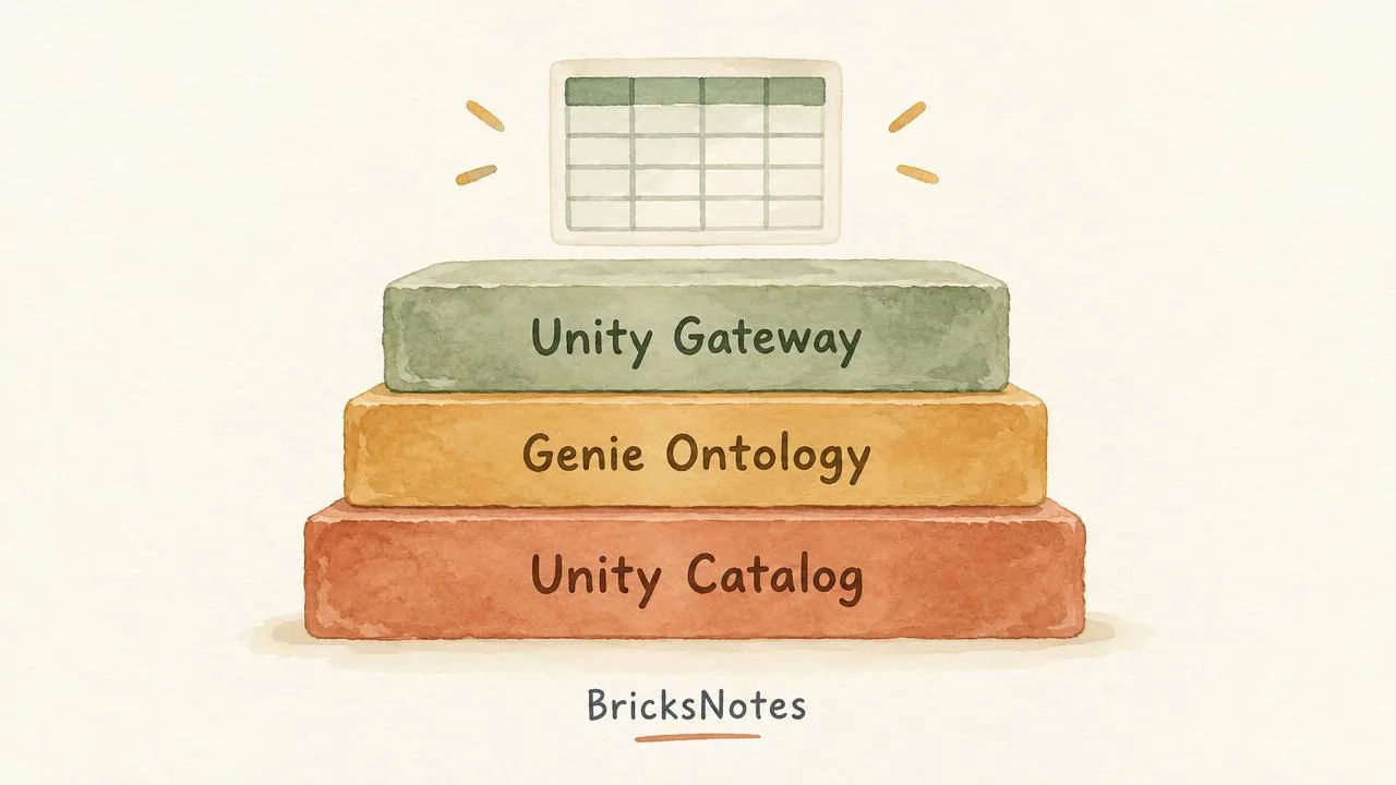 Three stacked layers labelled Unity Catalog, Genie Ontology and Unity Gateway with a spreadsheet above them
