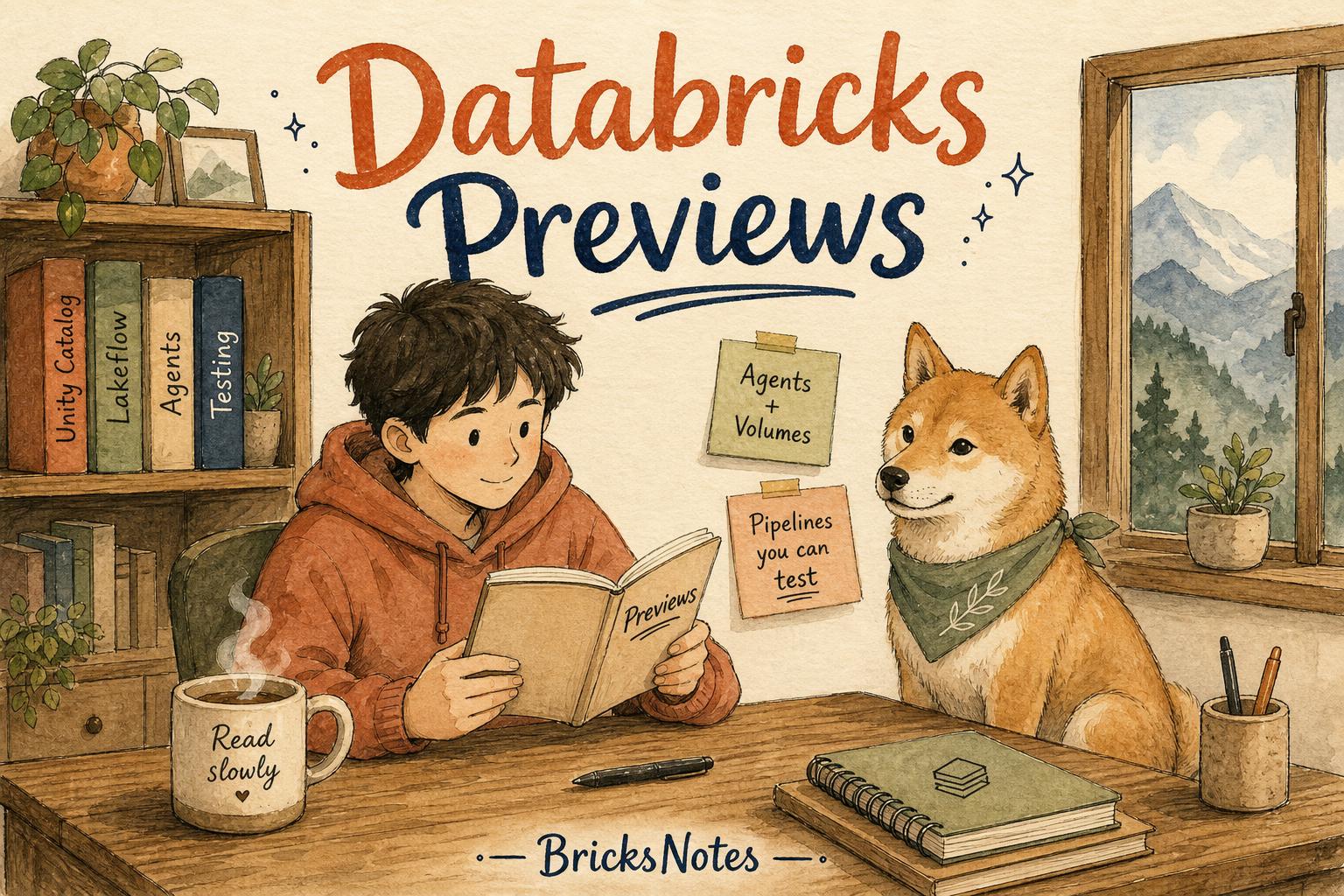 Databricks previews late July 2026 featured illustration, a person reading a small notebook labeled Previews, with a Shiba Inu and a hand-lettered title Databricks Previews on the wall.