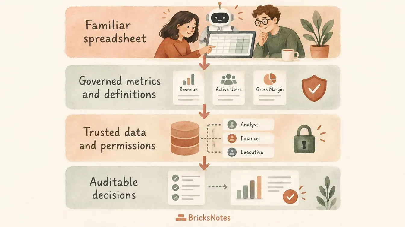 Four layers: familiar spreadsheet, governed metrics, trusted data and permissions, auditable decisions