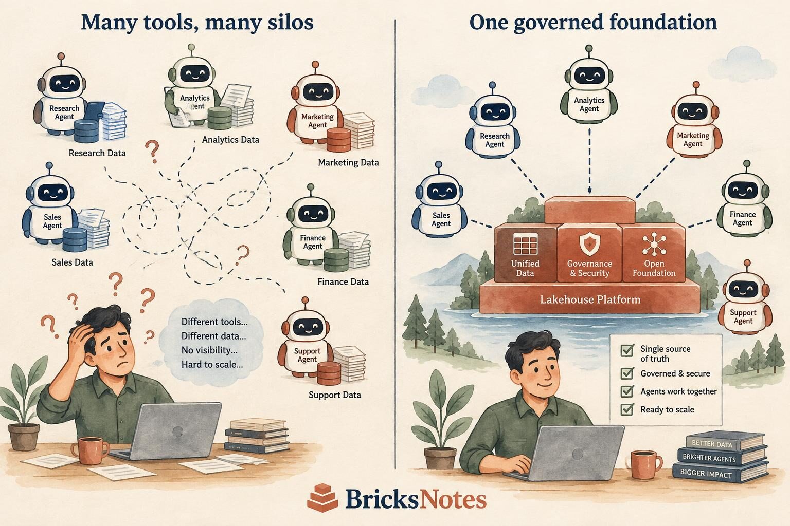 Many separate AI tools with their own data silos compared to one governed lakehouse foundation where every agent works from the same truth