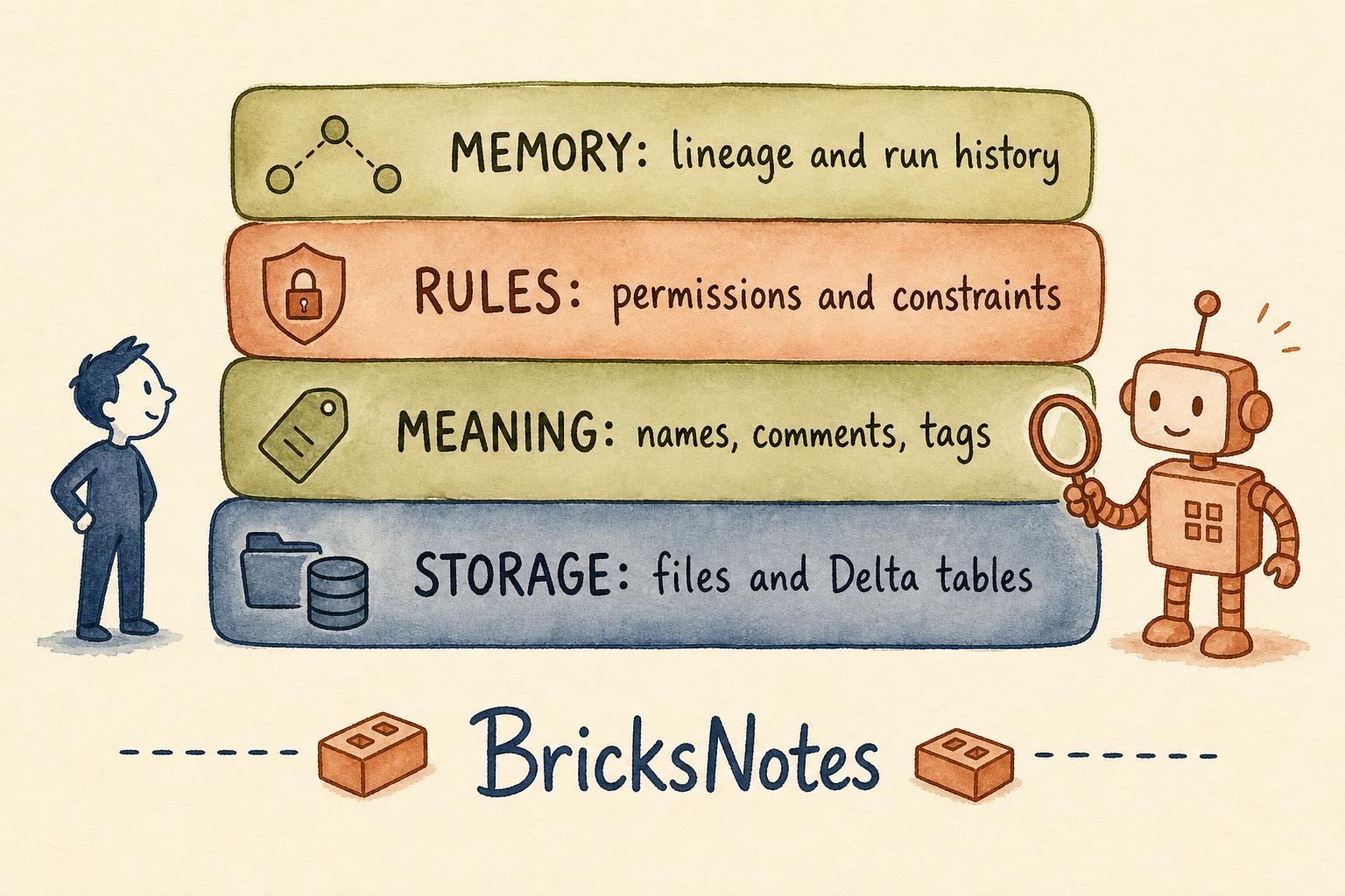 The four layers an agent reads: storage, meaning, rules, memory