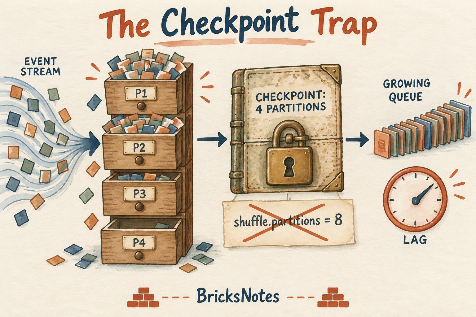 A watercolor diagram showing an event stream trapped by a checkpoint fixed at four uneven state partitions while lag grows.