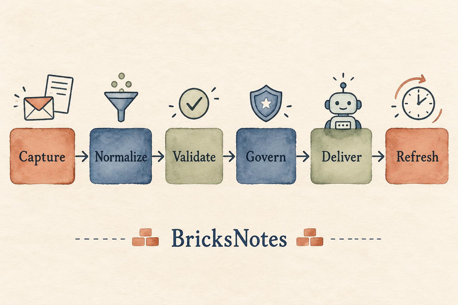 The six stages of a context pipeline: Capture, Normalize, Validate, Govern, Deliver, Refresh