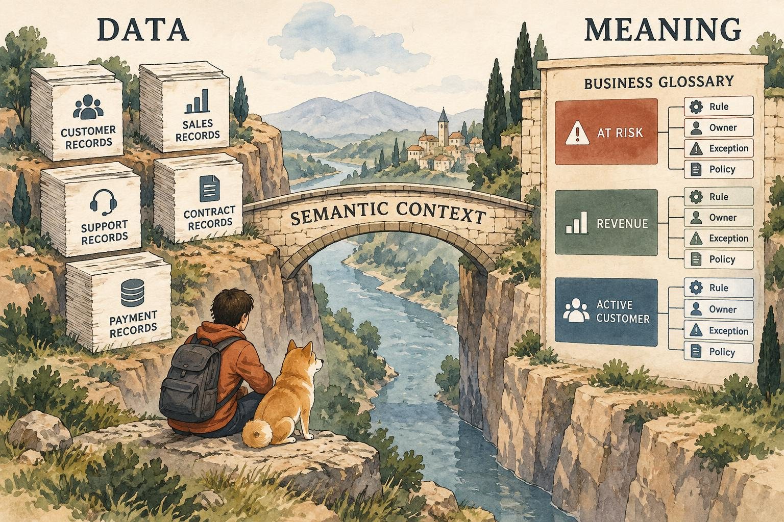 Data records become useful to AI when semantic context connects them to governed business meaning.
