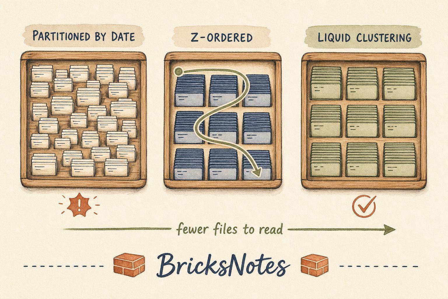 Three watercolor panels comparing a date-partitioned table with many tiny files, a Z-ordered table with grouped files, and liquid clustering with balanced blocks