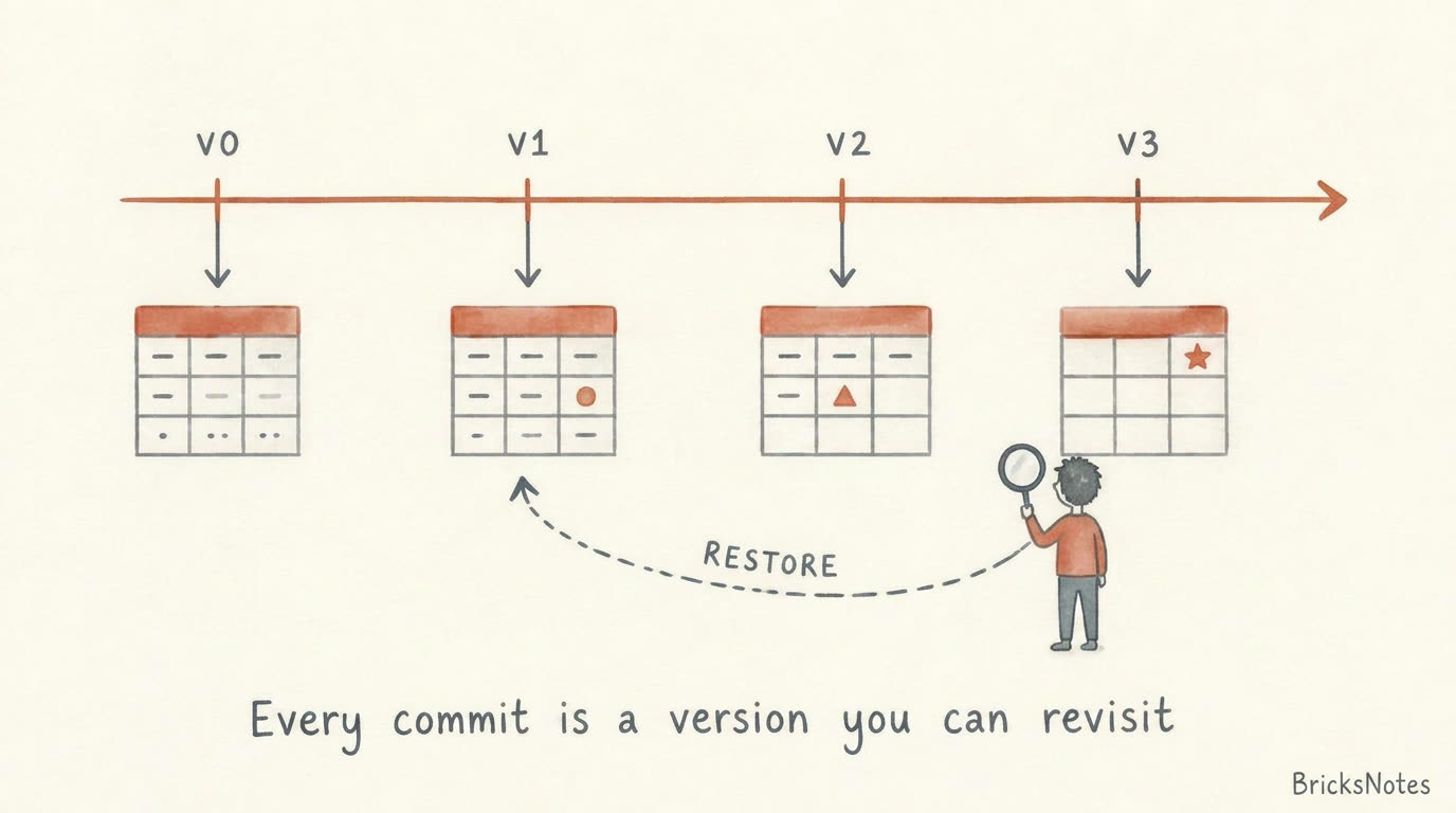 Every commit to a Delta table is a version you can revisit with time travel
