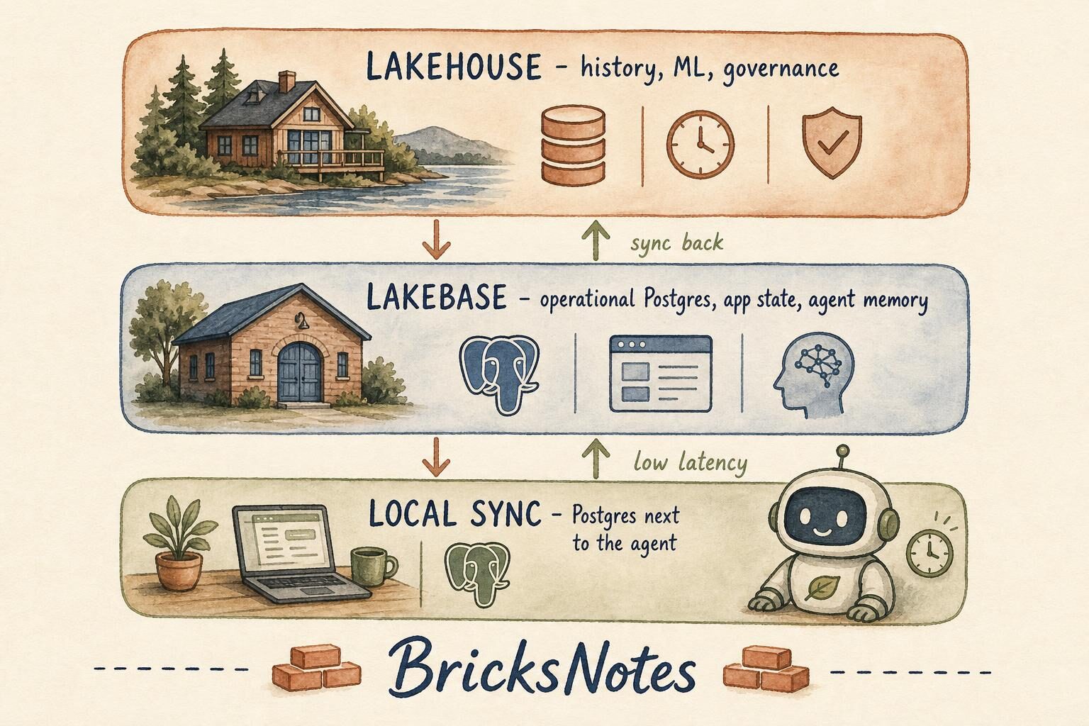 Three layers working together: lakehouse, Lakebase, and locally synchronized data next to the agent