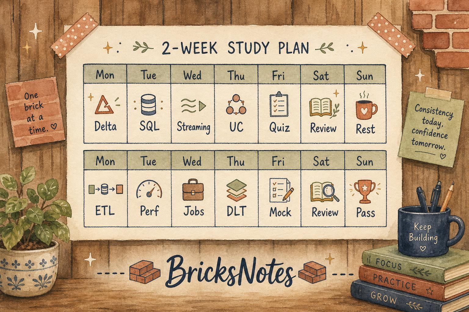 Watercolor illustration of a two-week study plan calendar with tasks like Delta, SQL, Streaming, UC, Quiz, Review, Rest.