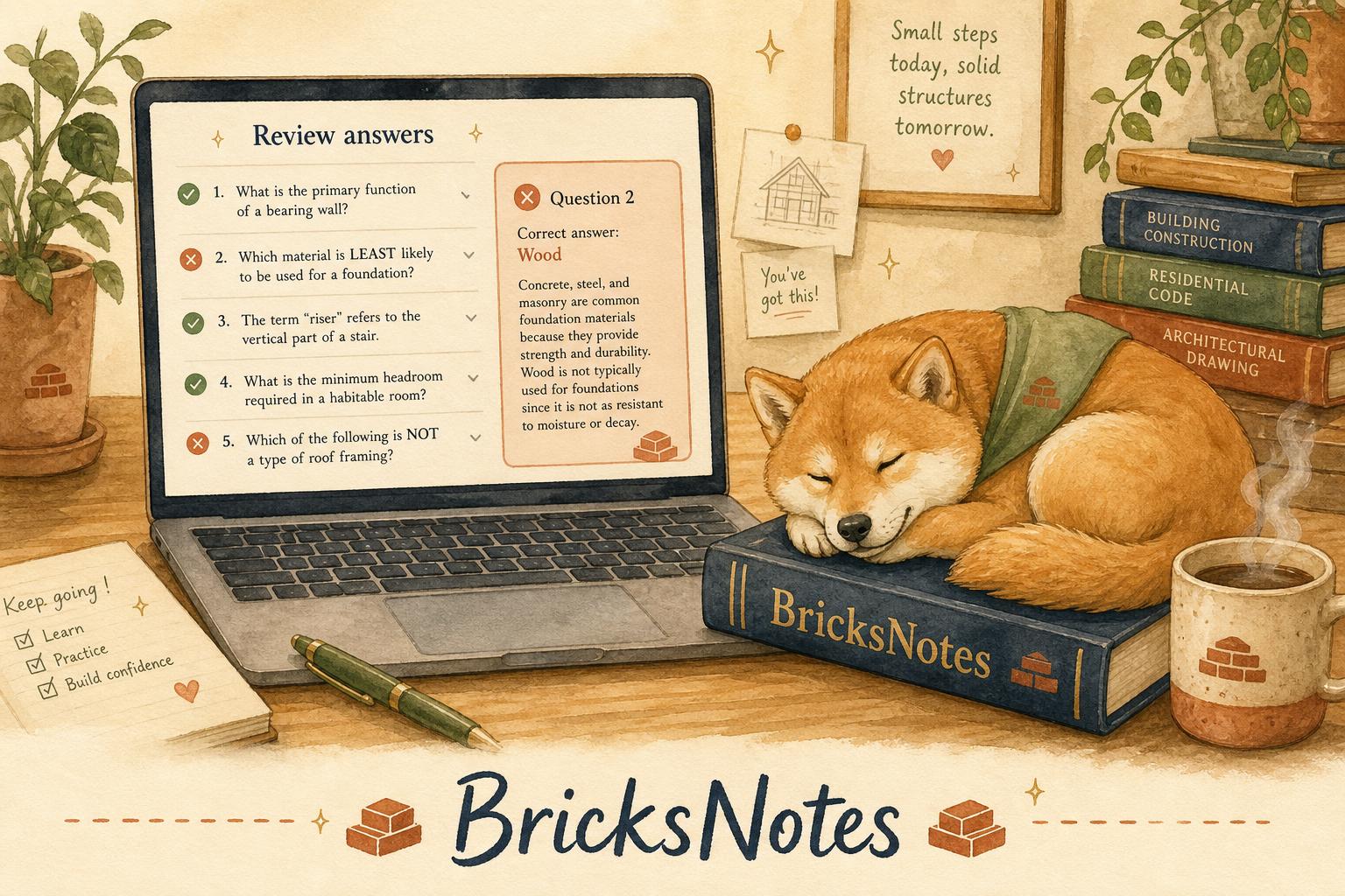 Watercolor illustration of a laptop showing the Review answers screen, with a Shiba curled up on a BricksNotes book.