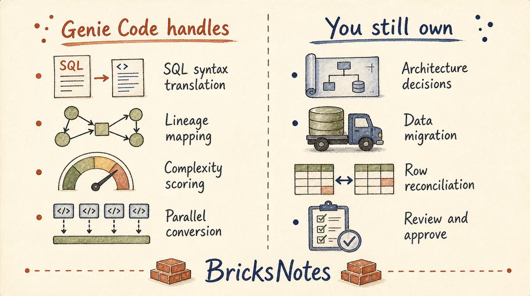 Watercolor two-column sketch comparing what Genie Code handles versus what the engineer still owns