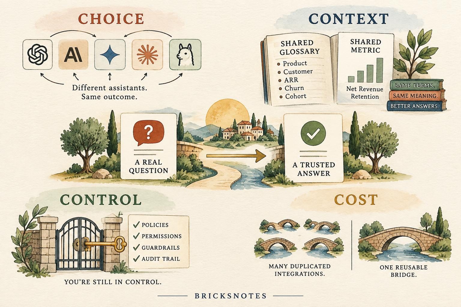 Watercolor diagram showing Choice, Context, Control, and Cost around the path from a real question to a trusted answer