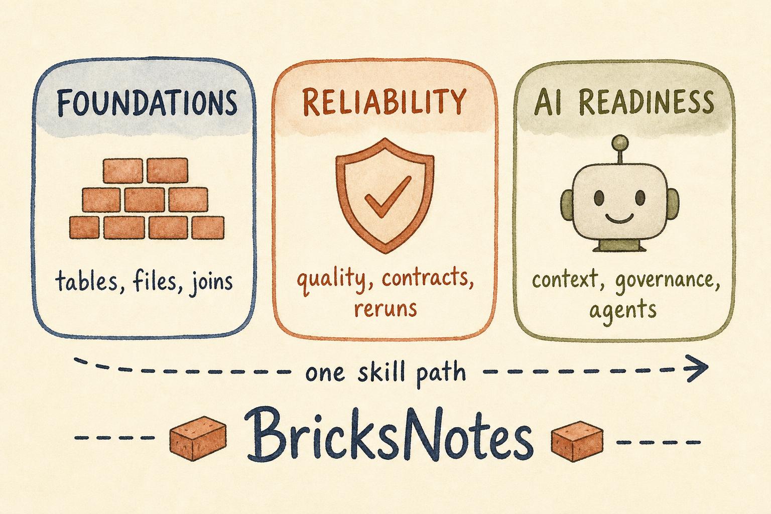 Three watercolor panels: foundations, reliability, and AI readiness, joined by one skill path