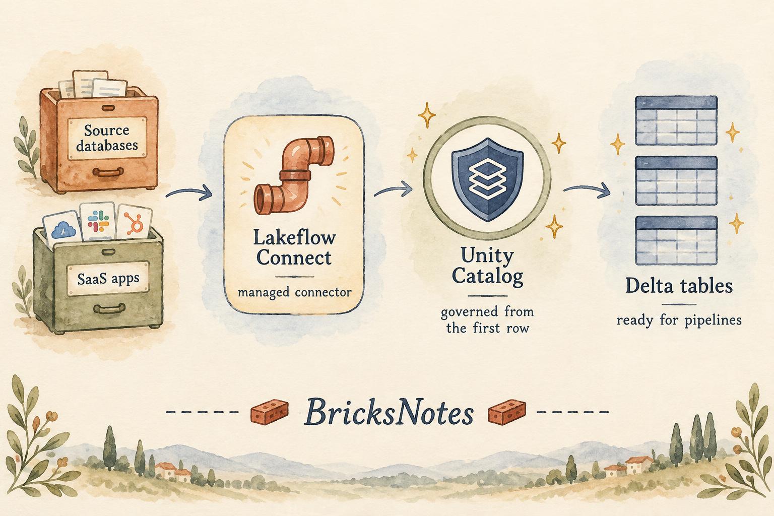 Lakeflow Connect carries data from source databases and SaaS apps through managed connectors into Unity Catalog governed Delta tables