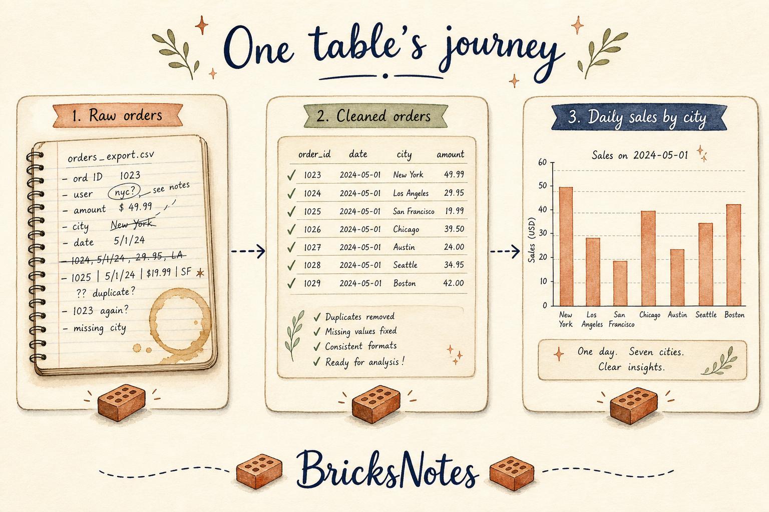 One table's journey from raw export to cleaned records to daily sales by city
