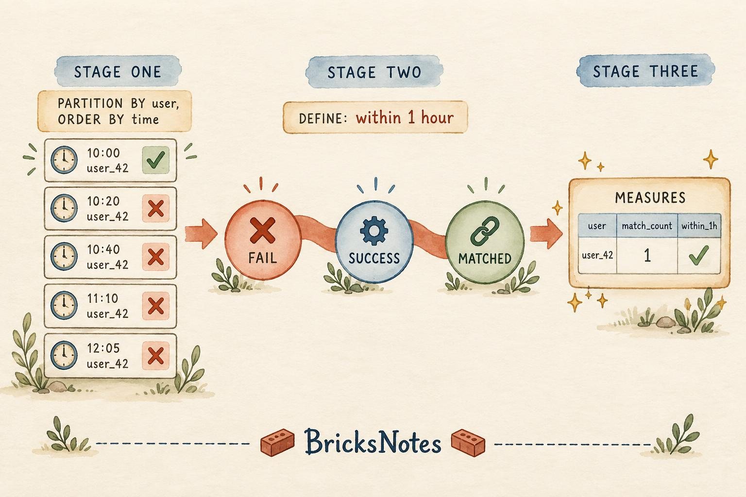 A watercolor flow diagram showing event rows on the left, a pattern ribbon passing through FAIL, SUCCESS and MATCHED states in the center, and a MEASURES output table on the right.