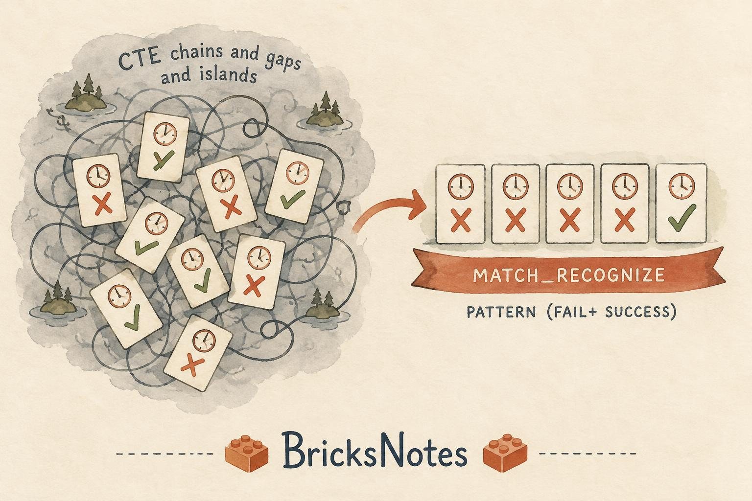 A watercolor diagram contrasting a tangled cloud of event cards labeled CTE chains and gaps and islands on the left with the same cards arranged in one clean row above a terracotta ribbon labeled MATCH_RECOGNIZE on the right.
