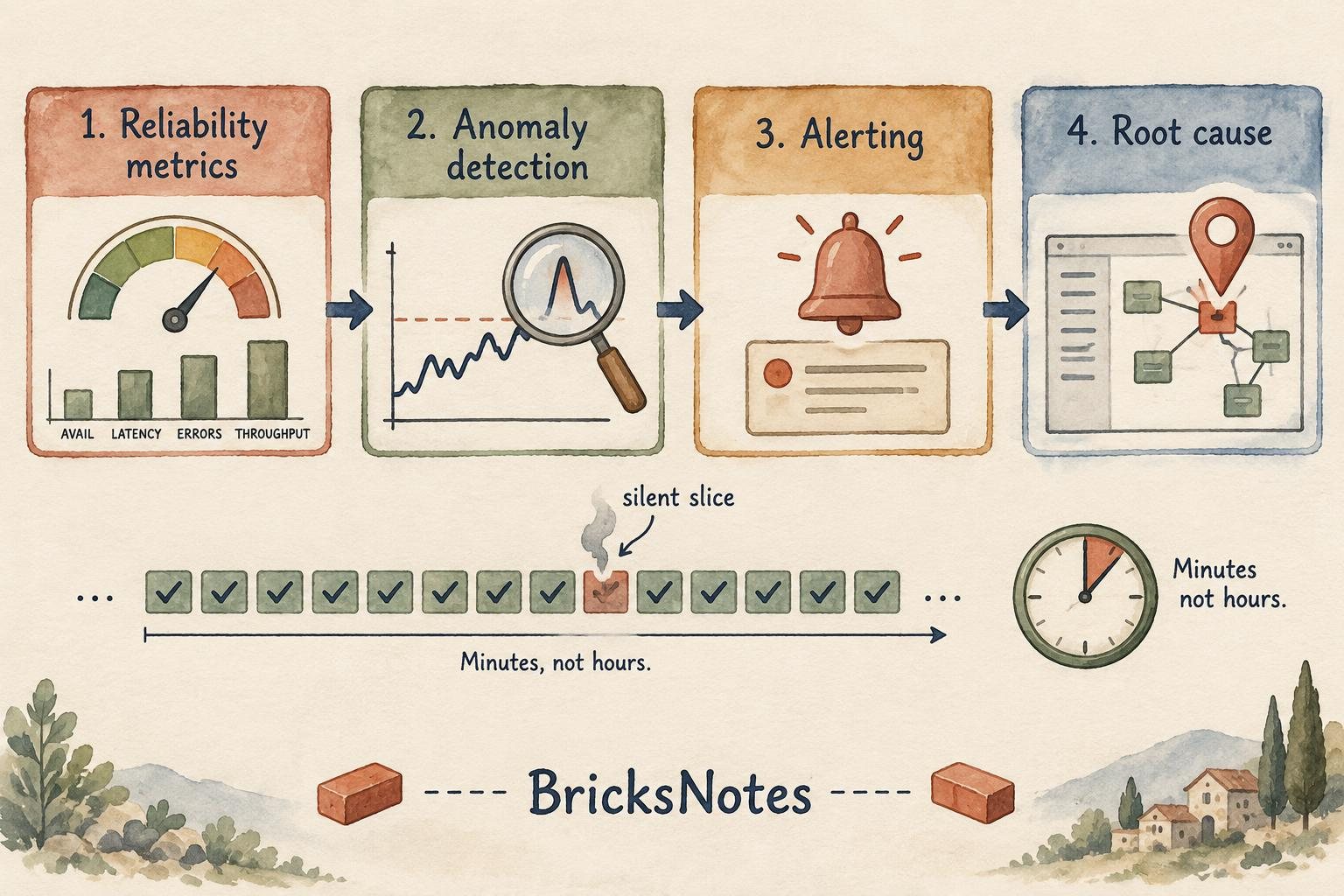 The four stages of RADAR: reliability metrics, anomaly detection, alerting, root cause