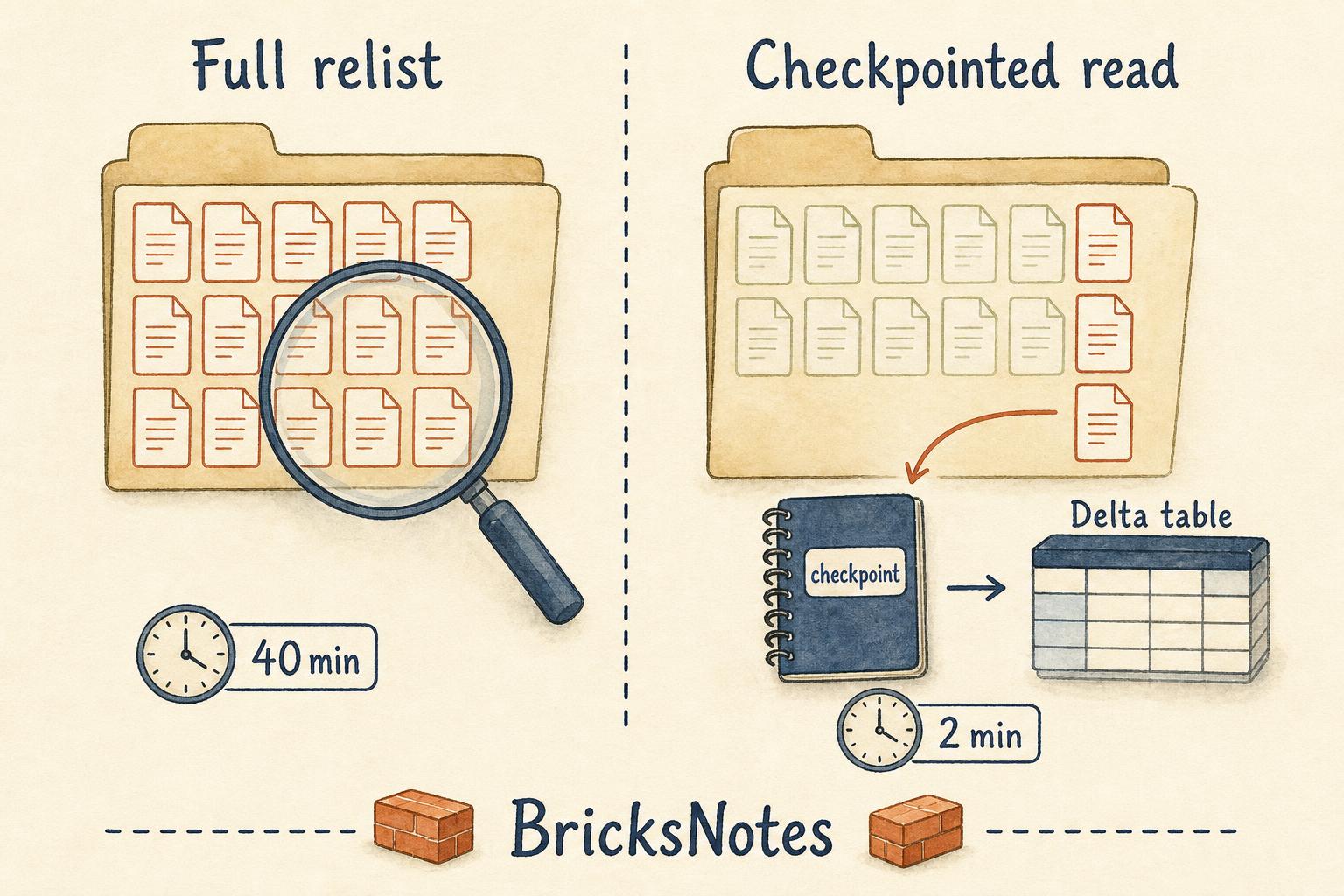 Full folder relist compared with a checkpointed incremental read