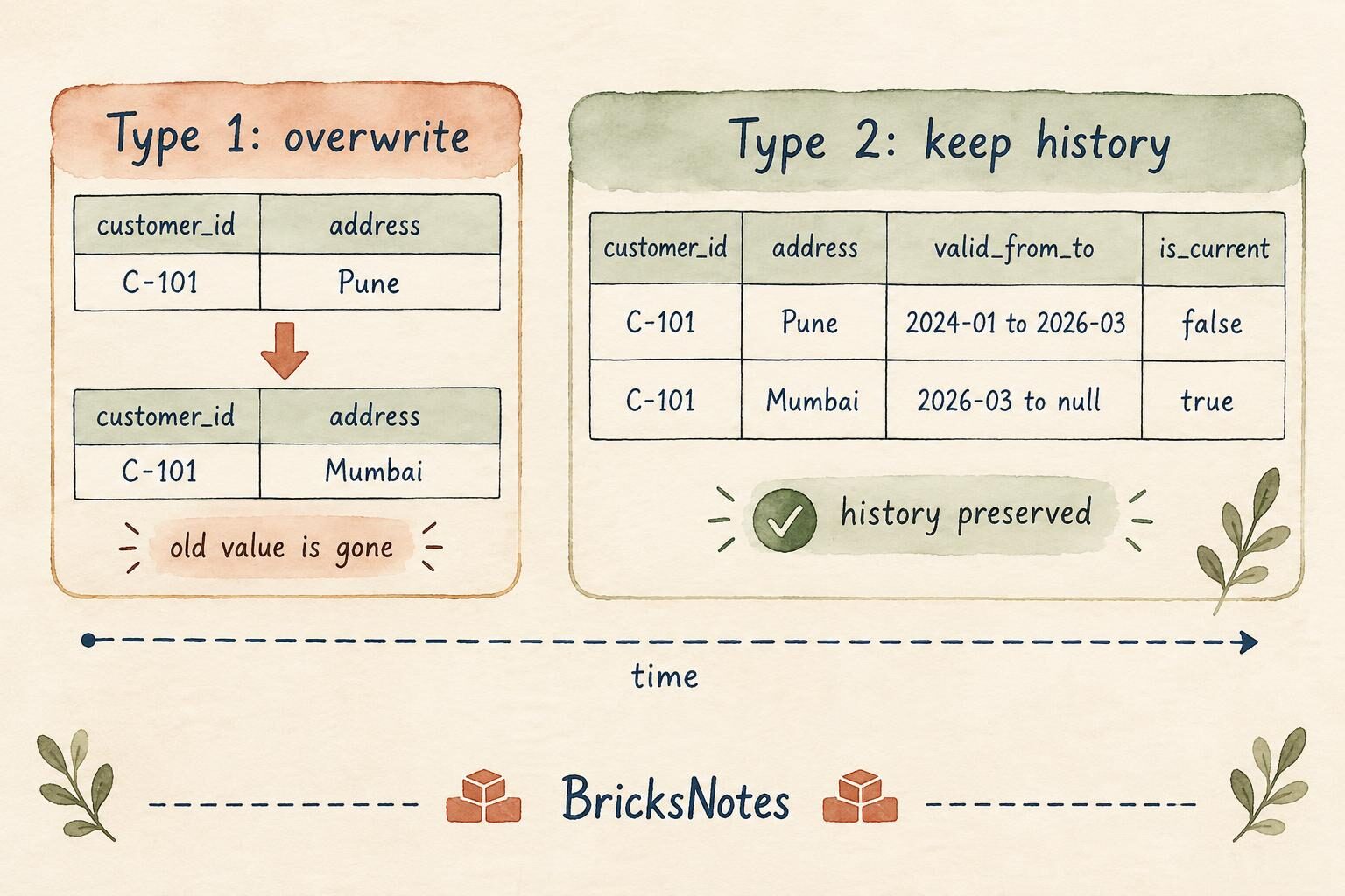 Type 1 overwrites the old value. Type 2 keeps both rows with a validity window.