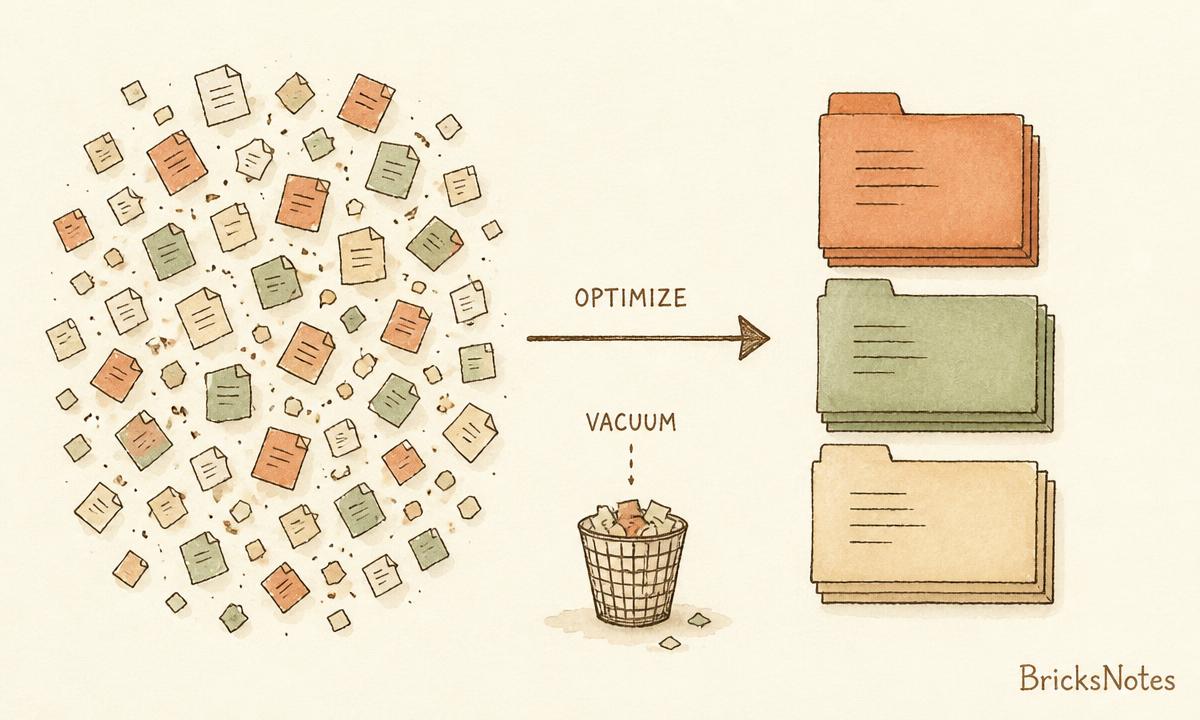Watercolor diagram: many scattered tiny paper files on the left, an OPTIMIZE arrow pointing to a few neat large files on the right, with VACUUM sweeping old scraps into a basket below