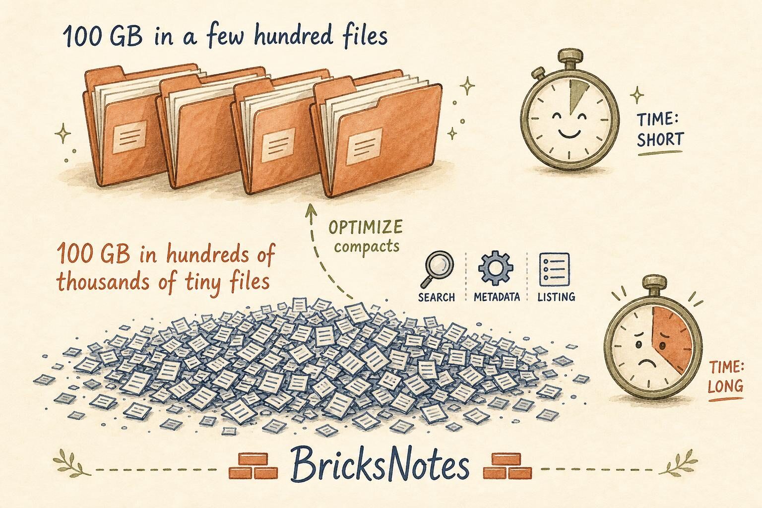 The same 100 GB stored as a few large files versus a pile of tiny files