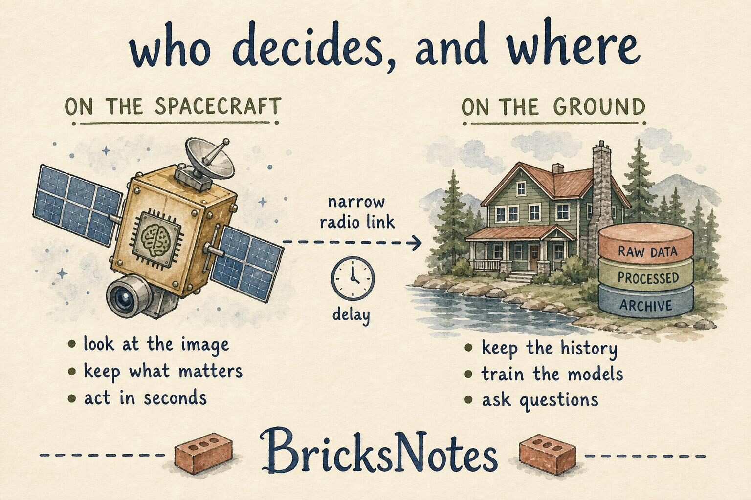 Who decides and where: onboard the spacecraft looks, filters and acts in seconds, while the ground keeps history, trains models and answers questions