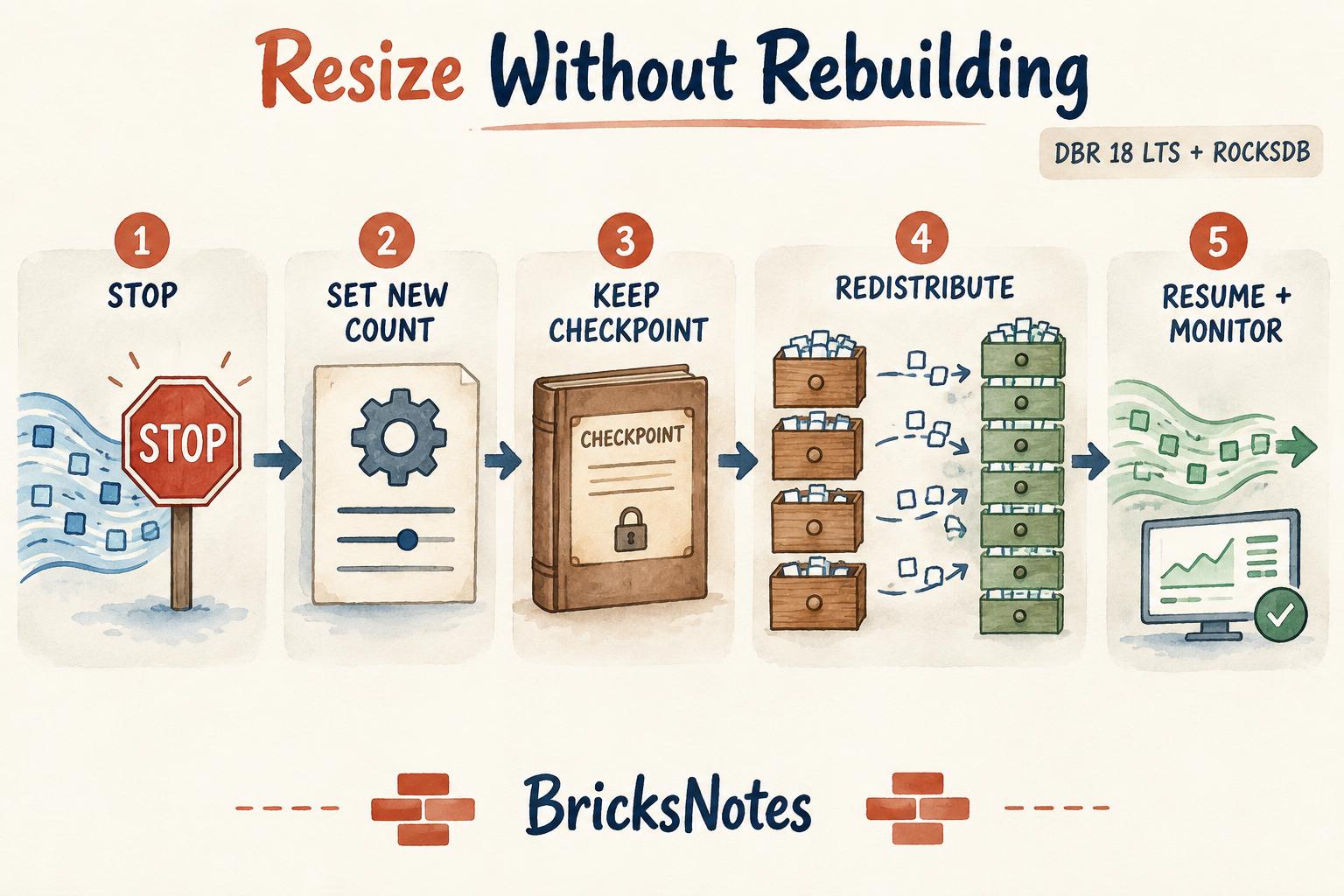 A watercolor process diagram showing a safe stop, a new partition count, the same checkpoint, state redistribution, and monitored restart.