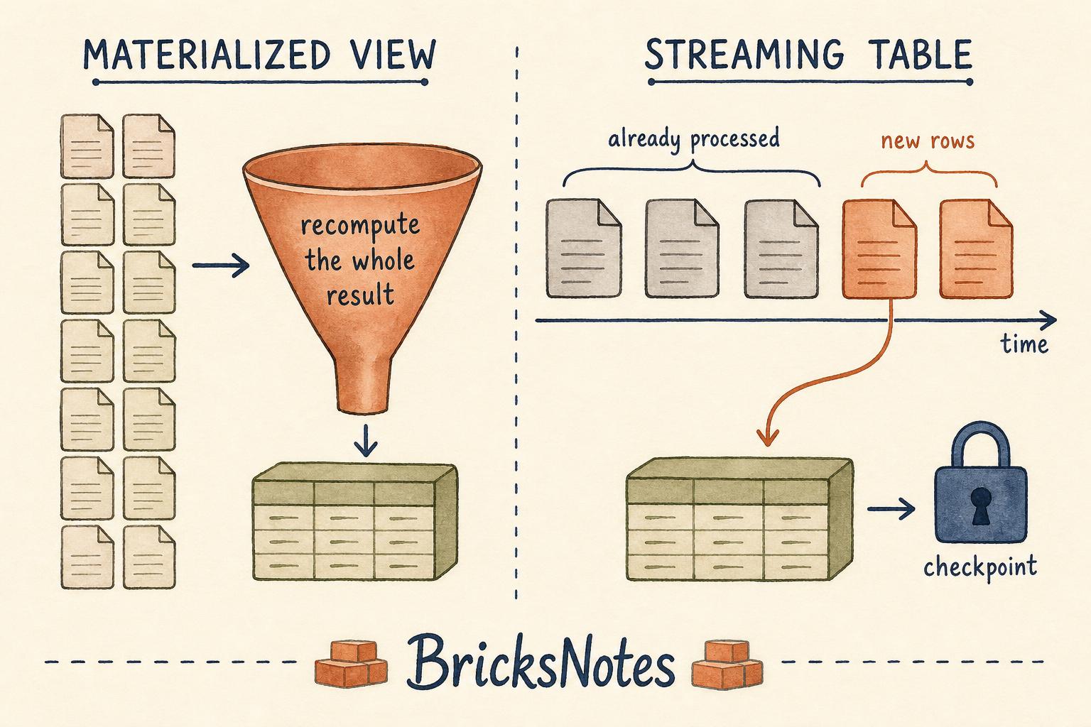 Watercolor diagram comparing a materialized view recomputing a whole result against a streaming table processing only new rows with a checkpoint