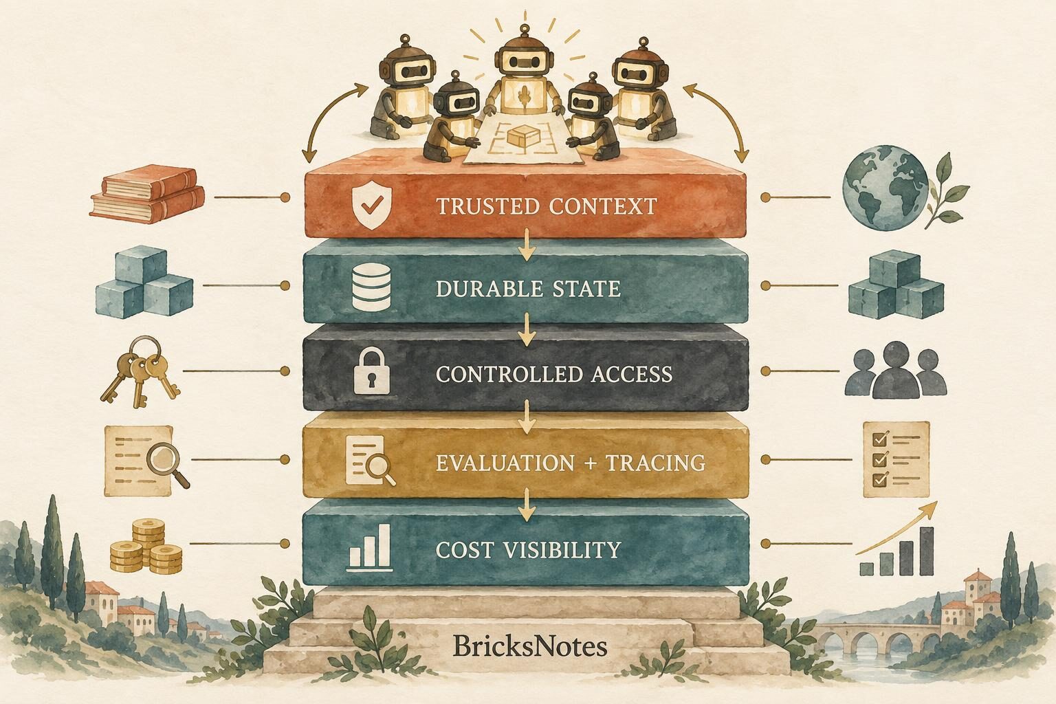 Five layers for reliable AI agents: trusted context, durable state, controlled access, evaluation and tracing, and cost visibility