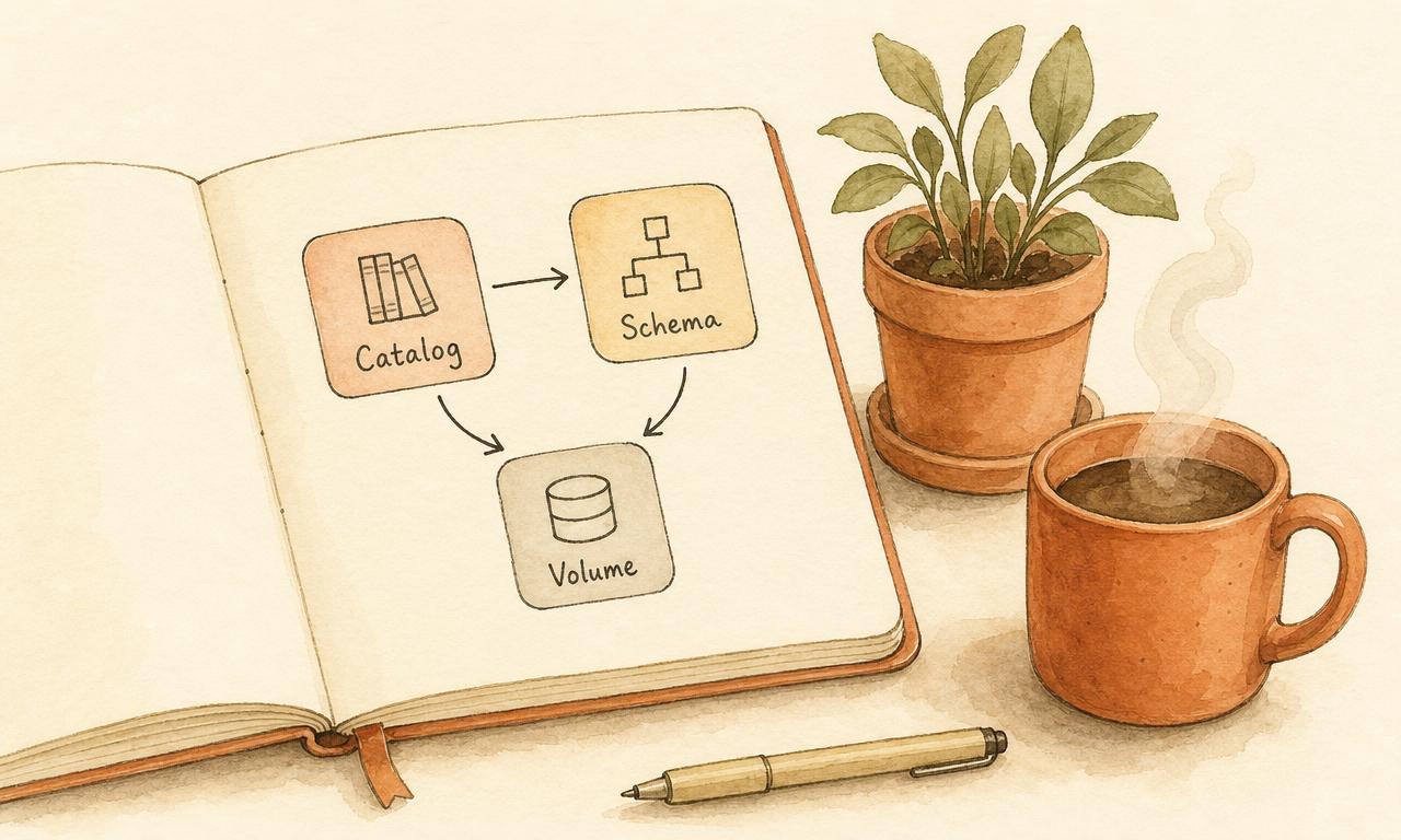 A watercolor sketch of a Databricks Unity Catalog namespace: three linked boxes labeled Catalog, Schema, and Volume, drawn on an open notebook next to a terracotta coffee mug and a small potted plant.
