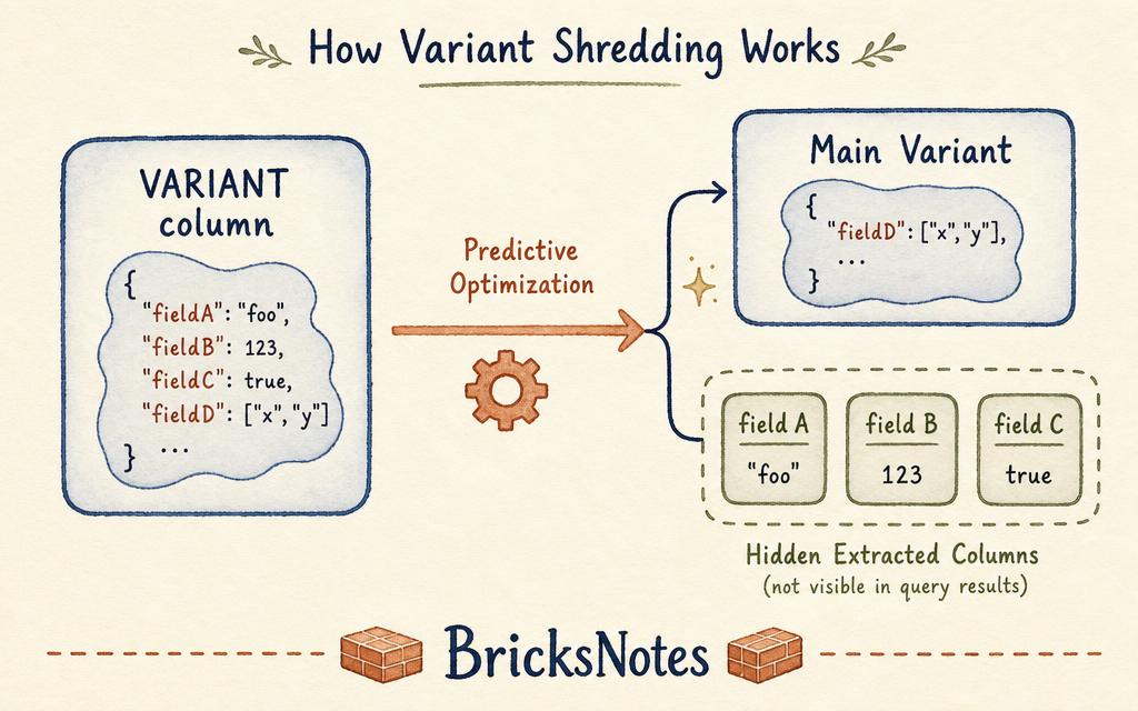 Watercolor flow diagram showing a Variant column being split into a main column and hidden extracted fields by Predictive Optimization