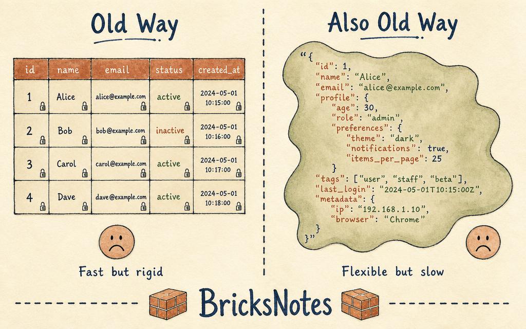 Watercolor two-panel sketch showing the old tradeoff between rigid schematized data and slow string storage